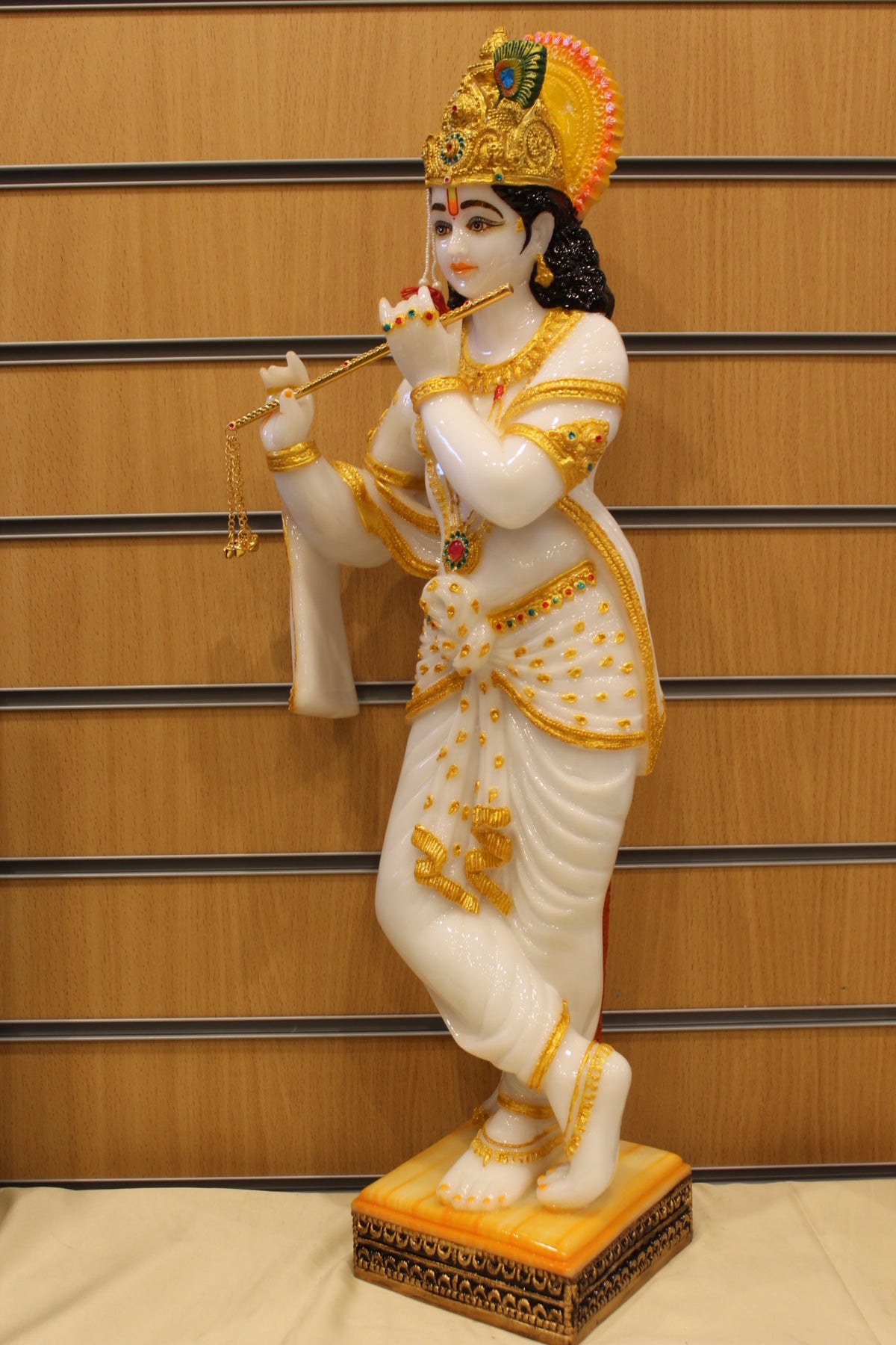 Resin Krishna Statue – Playing Flute, White & Gold, 25 inch – right side view
