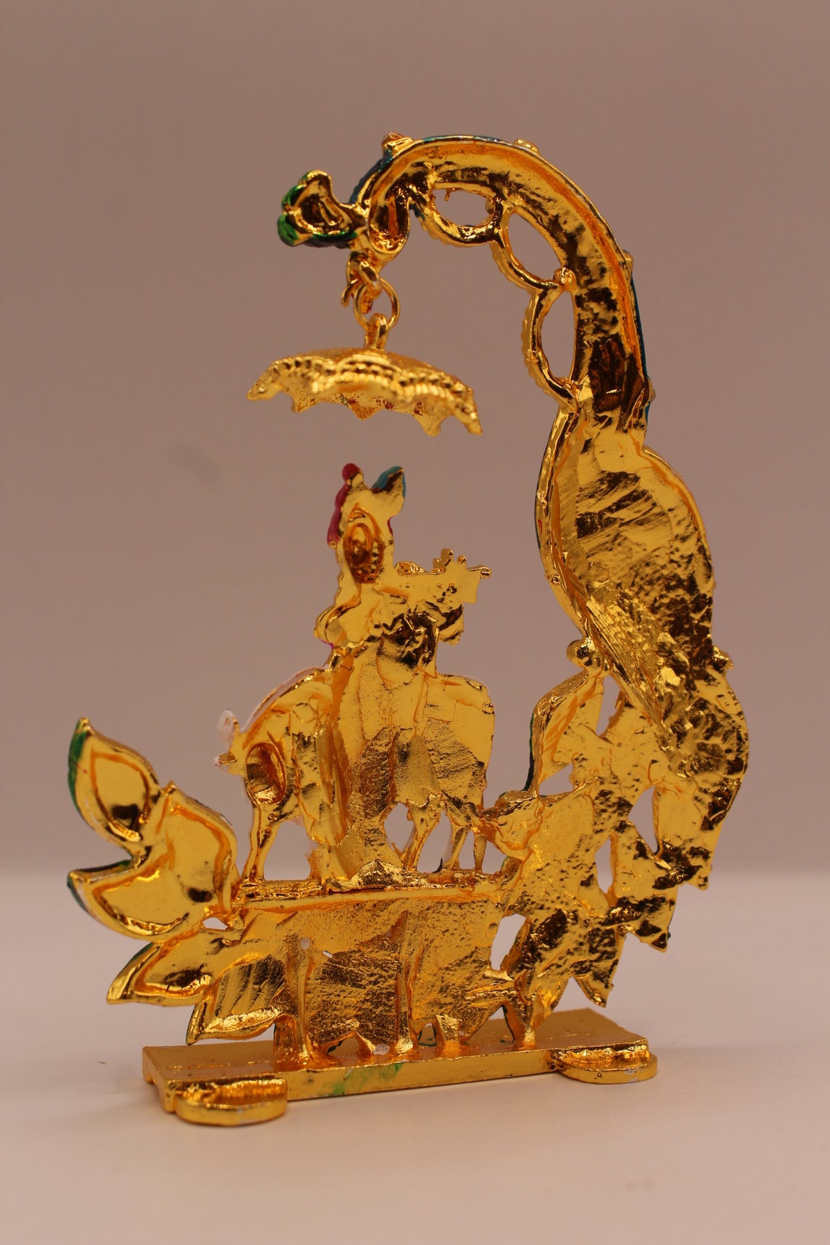 Krishna with Cow Murti – Peacock Arch, Colourful Metal, 4.5 inch – back view