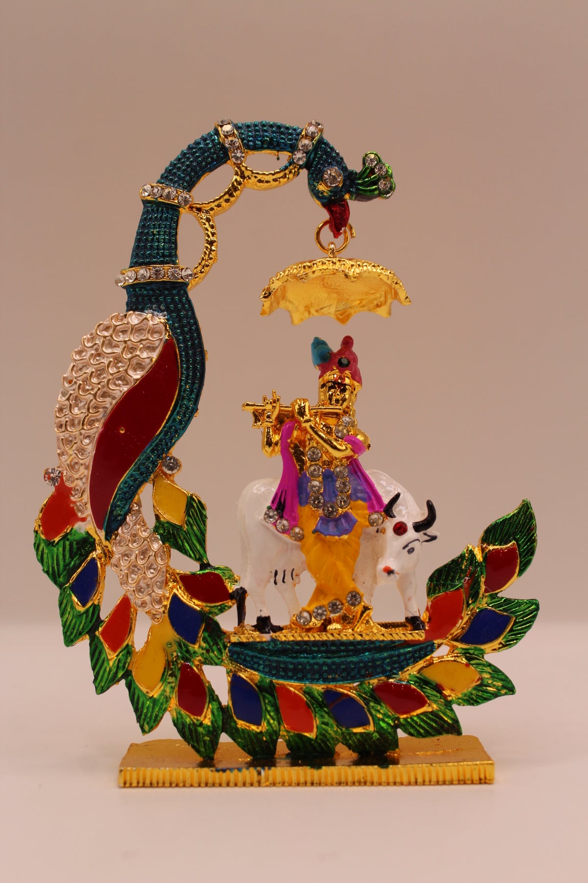Krishna with Cow Murti – Peacock Arch, Colourful Metal, 4.5 inch – front view