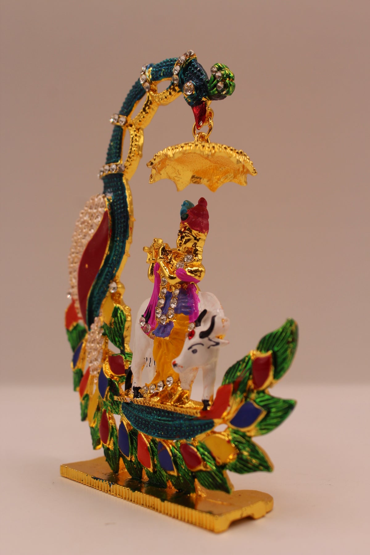 Krishna with Cow Murti – Peacock Arch, Colourful Metal, 4.5 inch – right side view