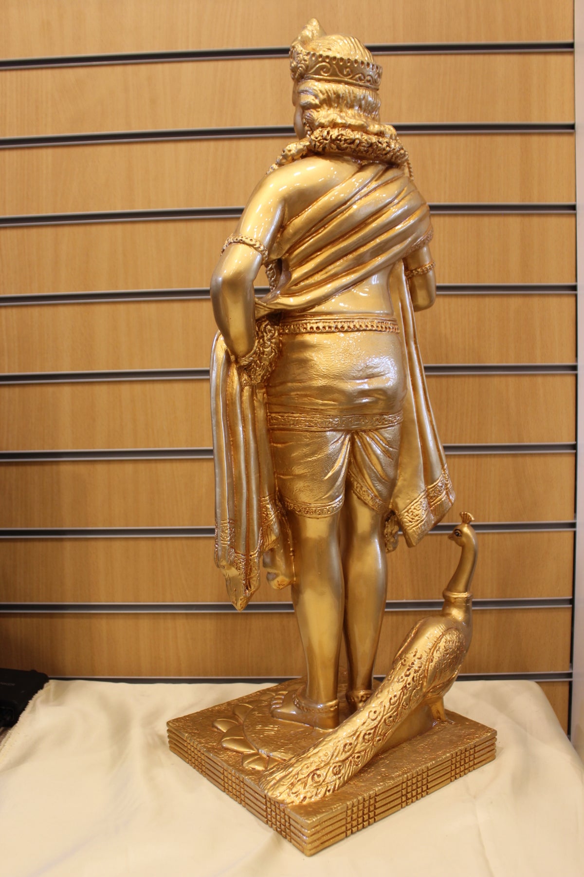 Resin Murugan Statue – Standing with Vel and Peacock, Gold, 29 inch – back view