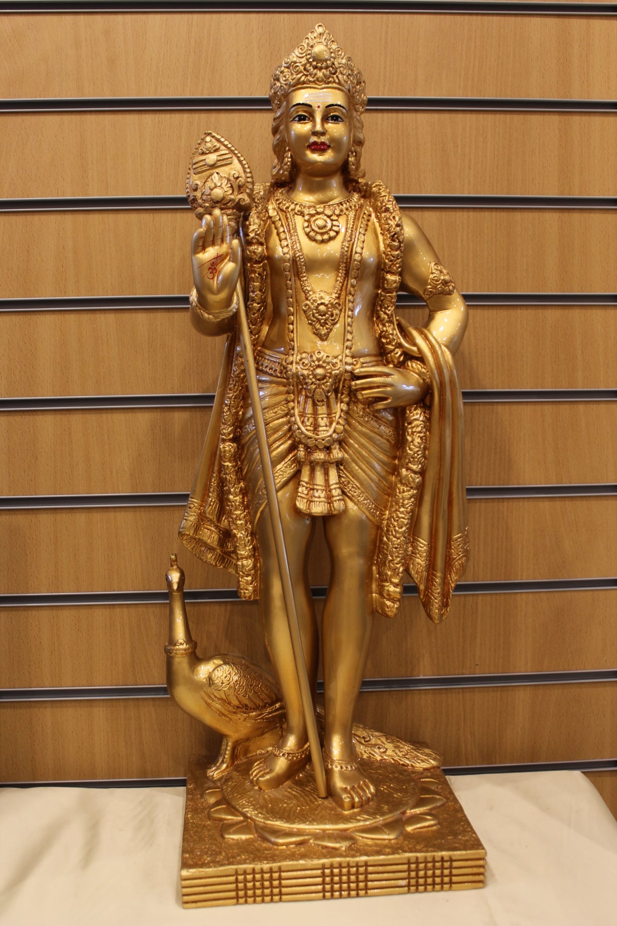 Resin Murugan Statue – Standing with Vel and Peacock, Gold, 29 inch – front view