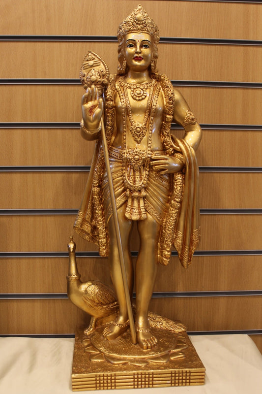 Resin Murugan Statue – Standing with Vel and Peacock, Gold, 29 inch – front view