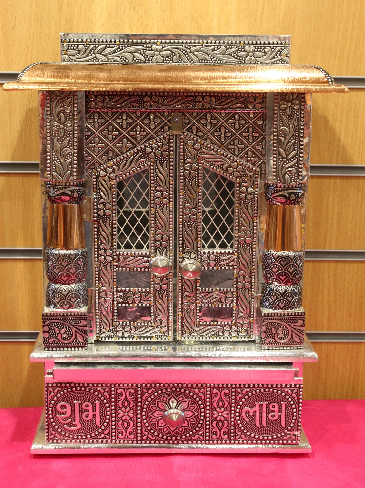 Oxidised silver mandir with jali doors and copper roof, 10 x 6 inch, front view