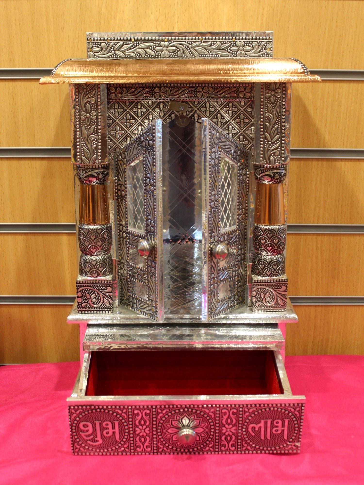 Oxidised silver mandir 10 x 6 inch with doors open and Shubh Labh drawer pulled out
