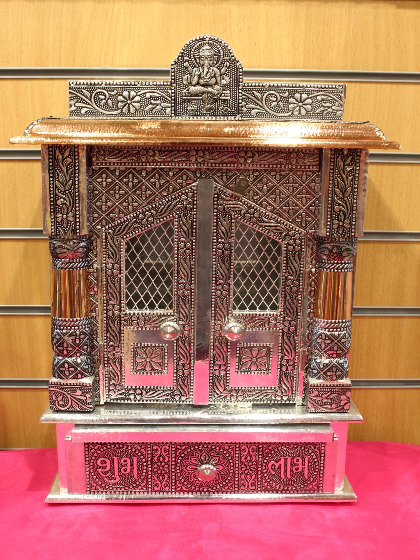 Oxidised silver mandir with jali doors and Ganesh crest, 12 x 6 inch, front view
