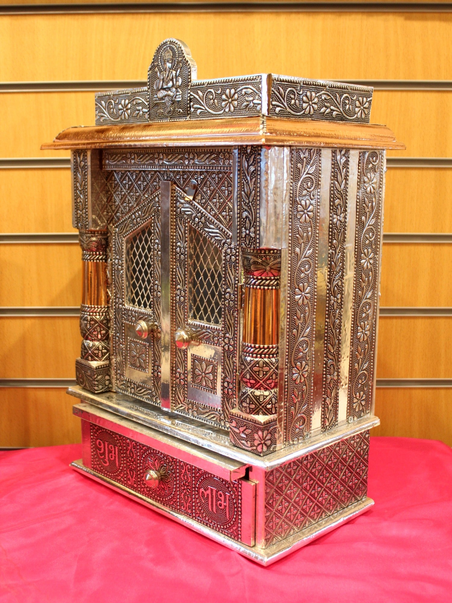 Oxidised silver mandir 12 x 6 inch, side view with drawer detail