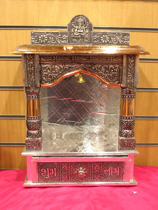 Oxidised silver open mandir with Ganesh crest, 12 x 6 inch, front view