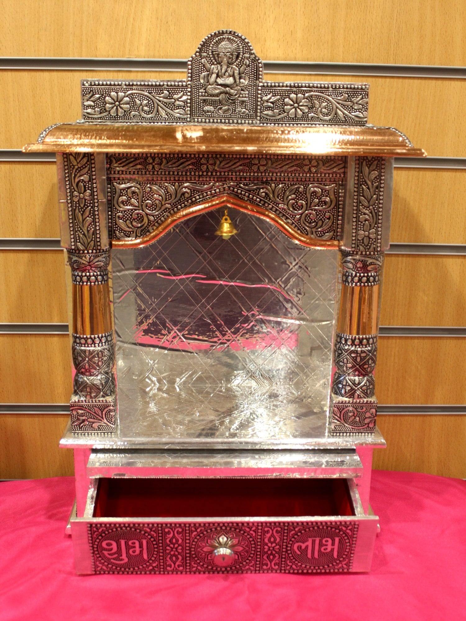 Oxidised silver open mandir 12 x 6 inch with Shubh Labh drawer pulled out