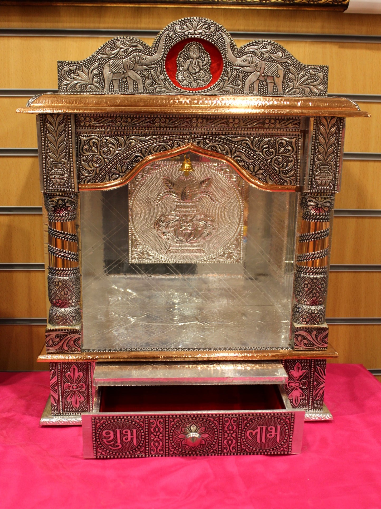 Oxidised silver open mandir 15 x 9 inch with Shubh Labh drawer pulled out