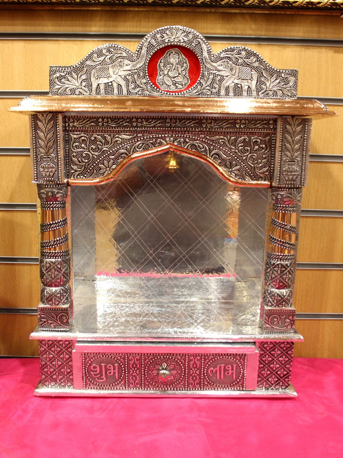 Oxidised silver open mandir with elephant crest, 15 x 6 inch, front view