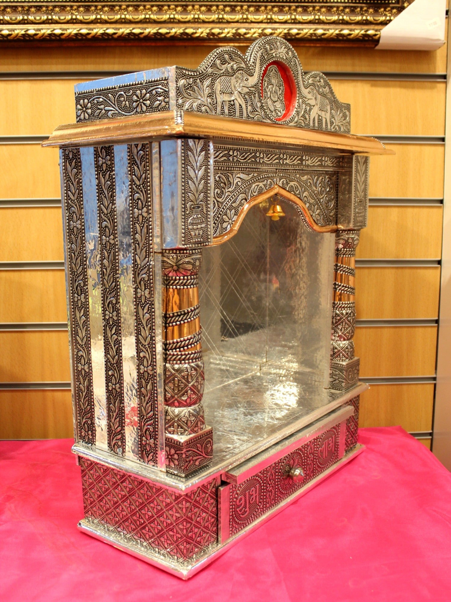 Oxidised silver open mandir 15 x 6 inch, angled side view showing depth