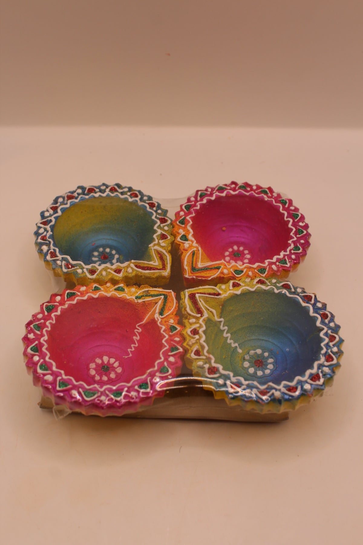Painted Clay Diyas – Colourful Round, Pack of 4, 3 inch