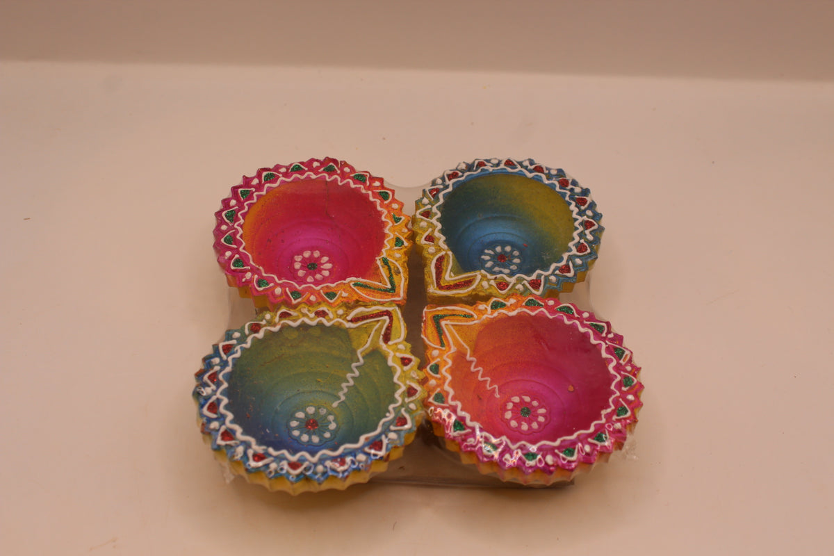 Painted Clay Diyas – Colourful Round, Pack of 4, 3 inch