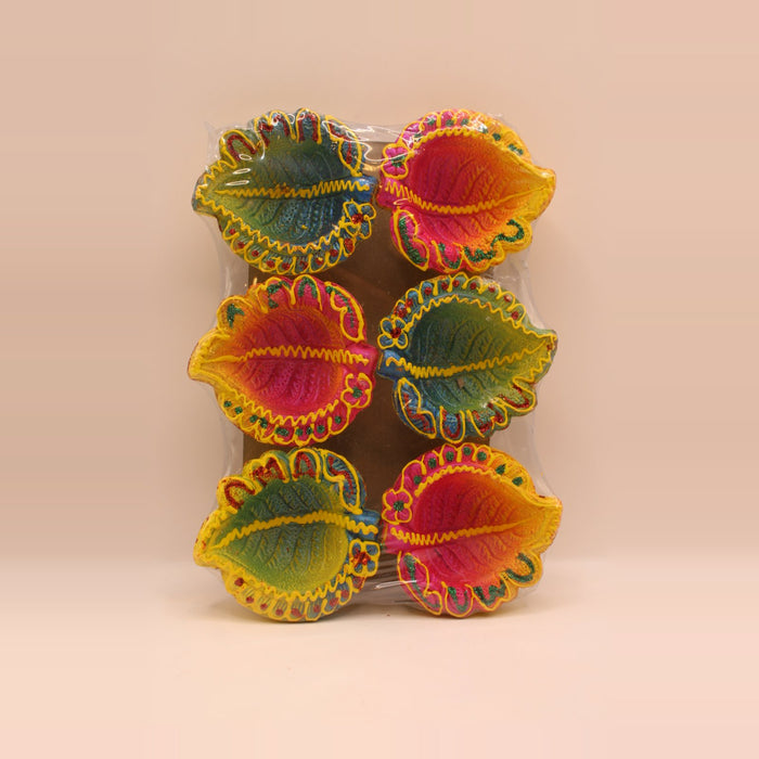 Painted Clay Diyas – Colourful Leaf Shape, Pack of 6, 2 inch
