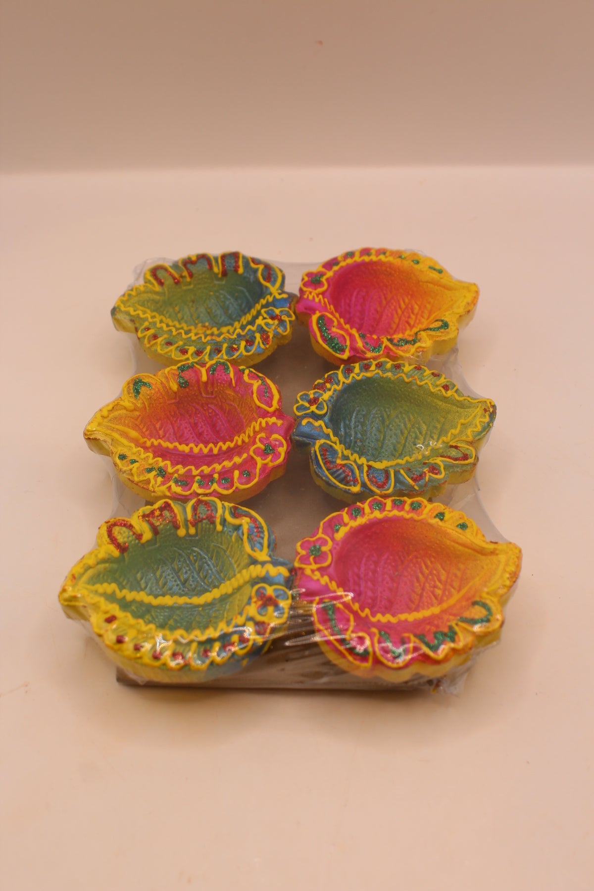 Painted Clay Diyas – Colourful Leaf Shape, Pack of 6, 2 inch