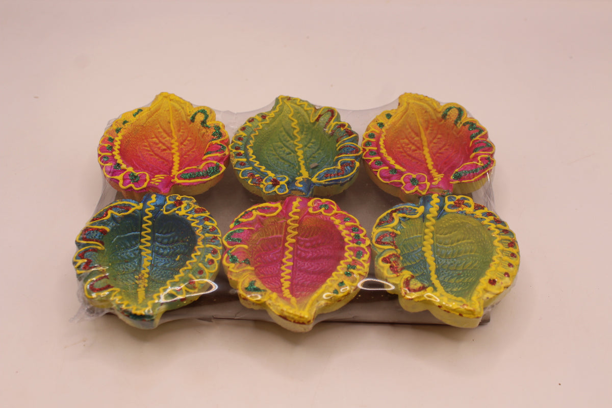 Painted Clay Diyas – Colourful Leaf Shape, Pack of 6, 2 inch