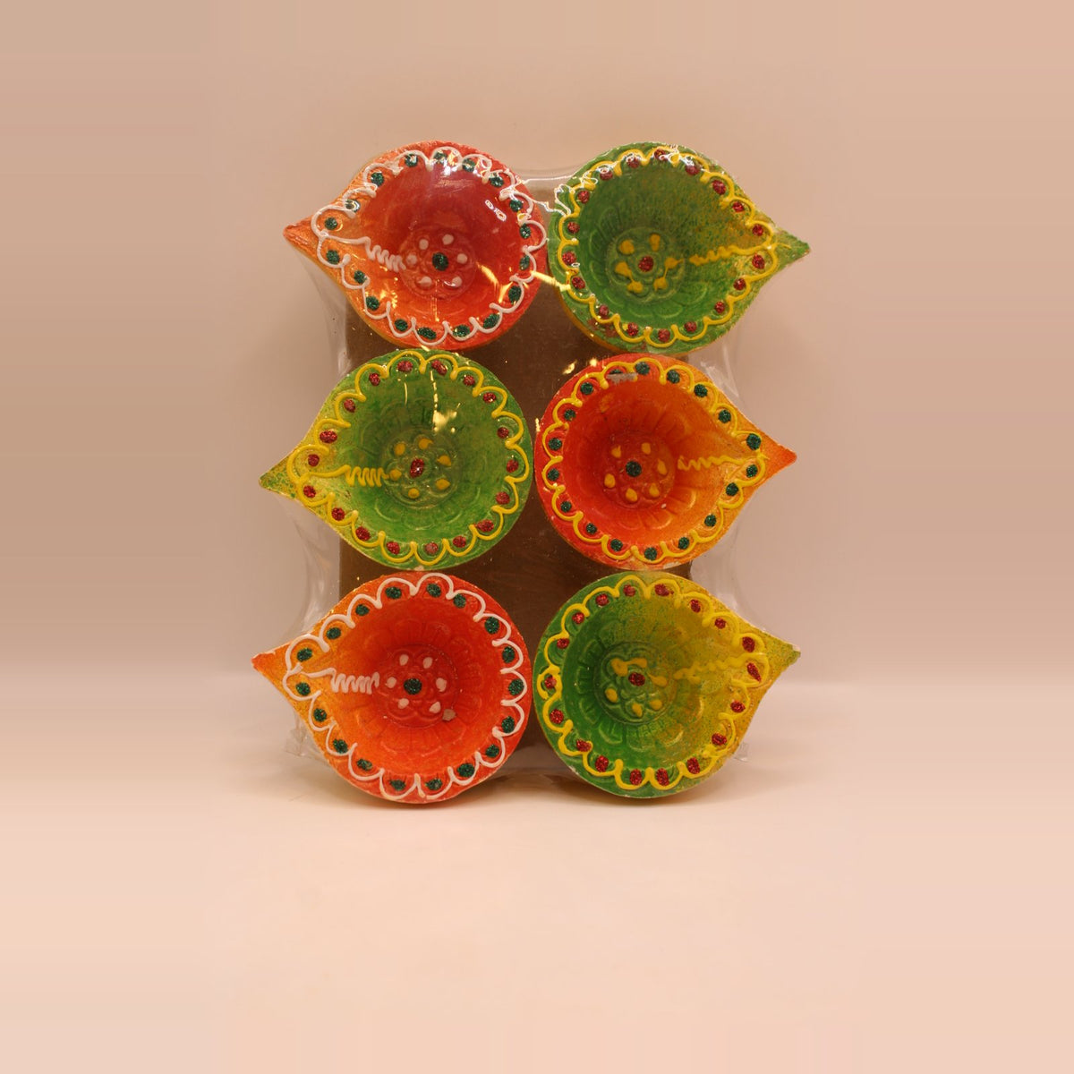 Painted Clay Diyas – Orange & Green, Pack of 6, 2 inch