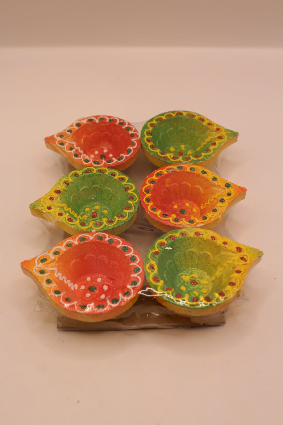 Painted Clay Diyas – Orange & Green, Pack of 6, 2 inch