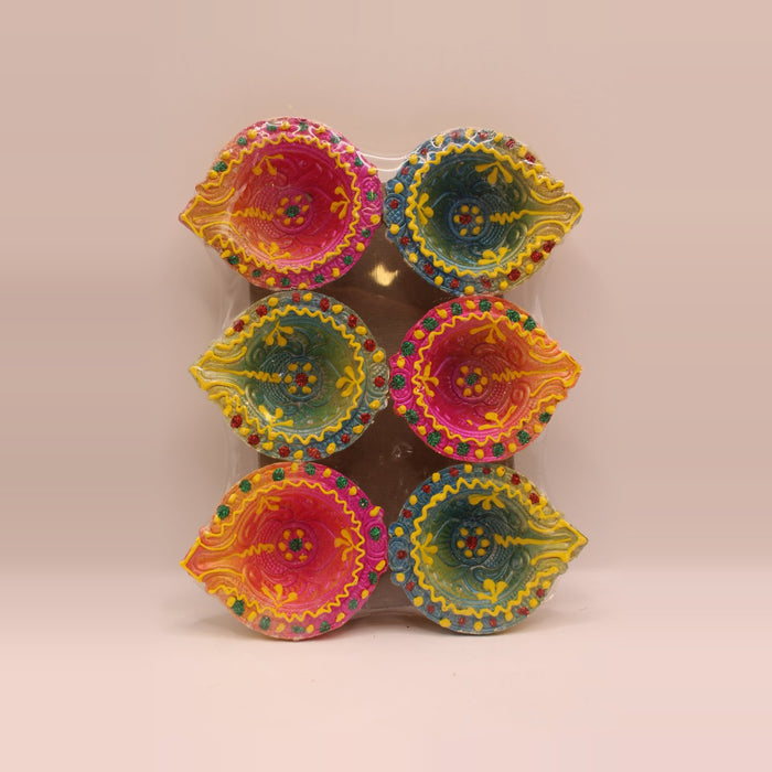 Painted Clay Diyas – Pink, Green & Yellow, Pack of 6, 2 inch