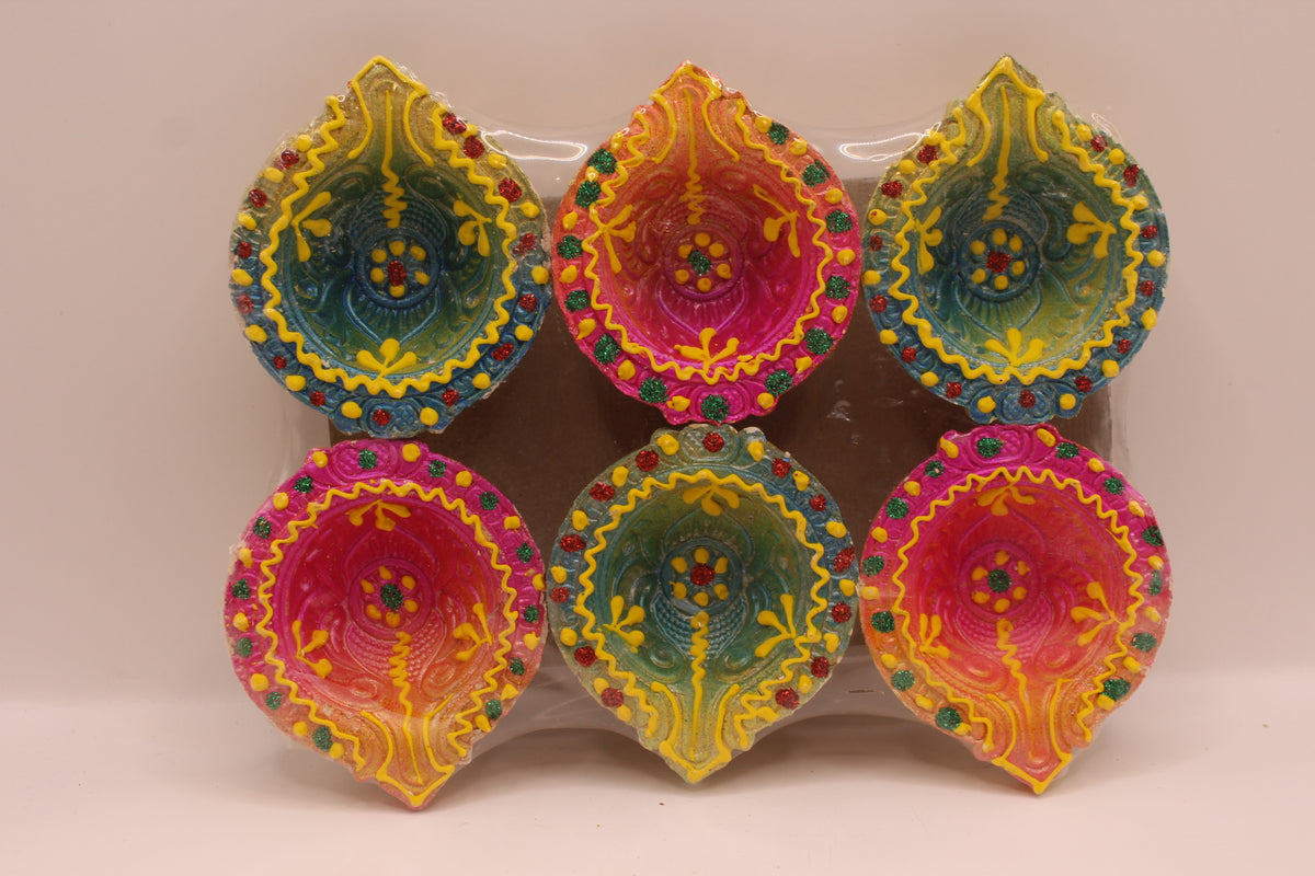 Painted Clay Diyas – Pink, Green & Yellow, Pack of 6, 2 inch