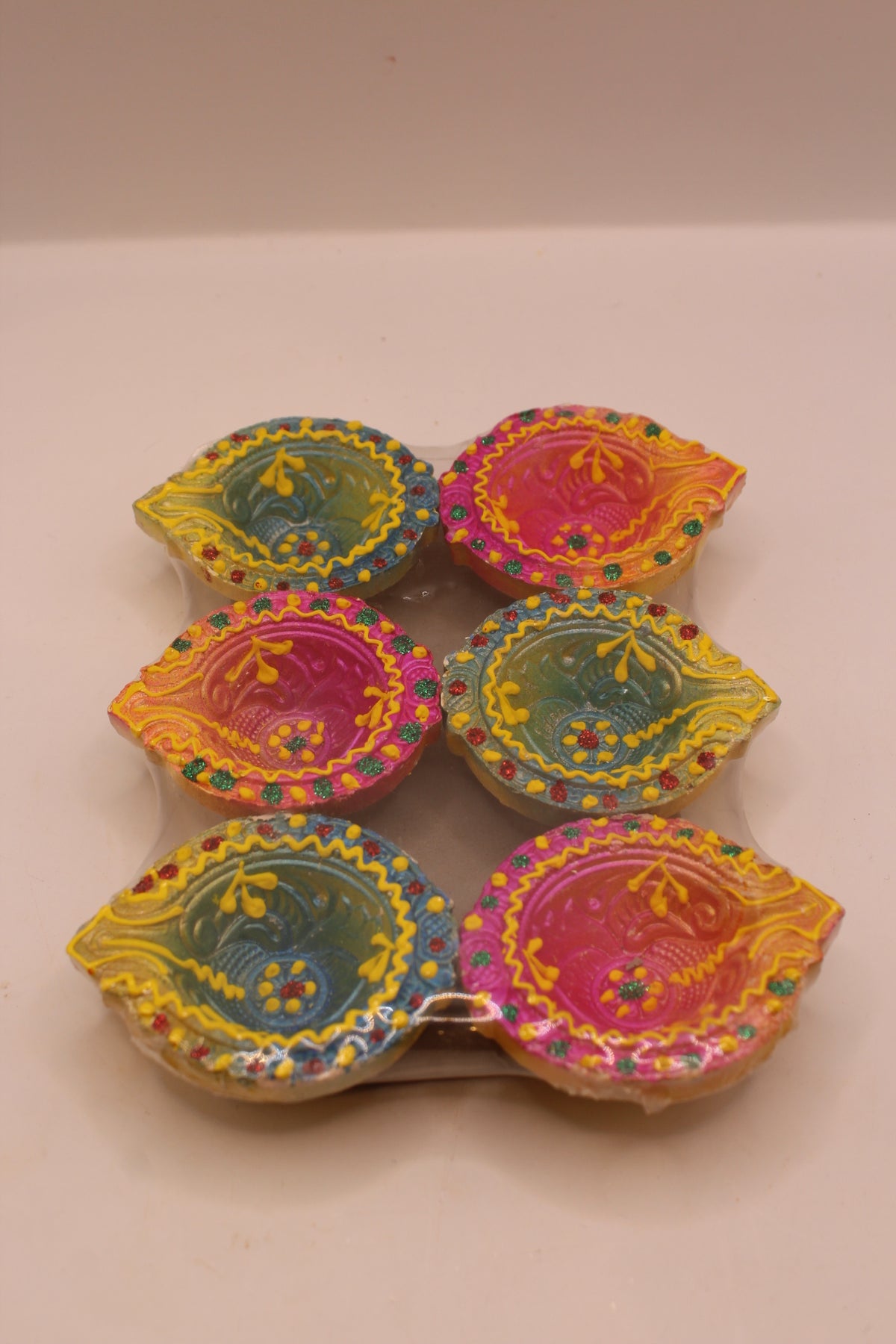 Painted Clay Diyas – Pink, Green & Yellow, Pack of 6, 2 inch
