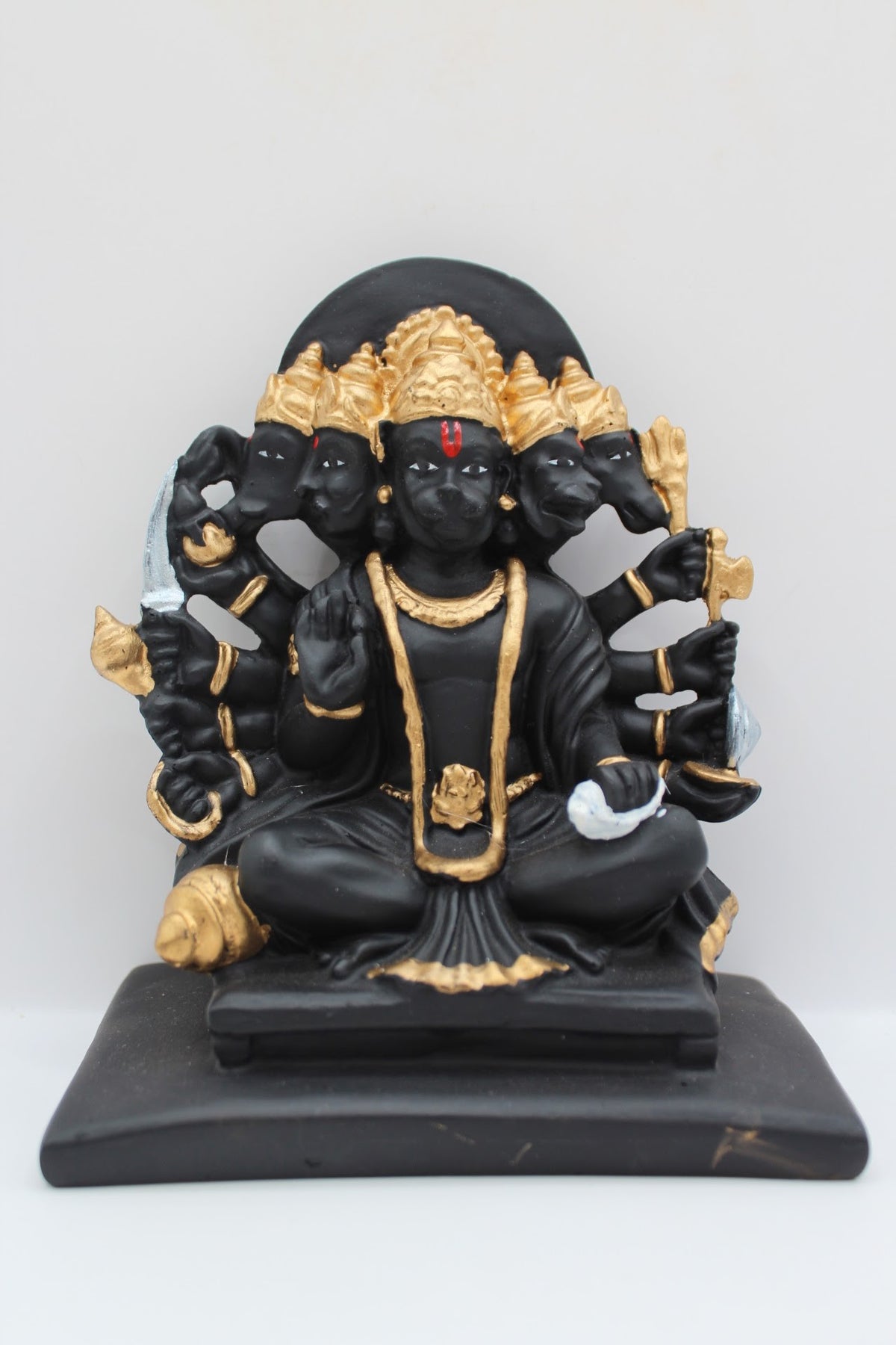 Black and gold resin Panchmukhi Hanuman murti, front view
