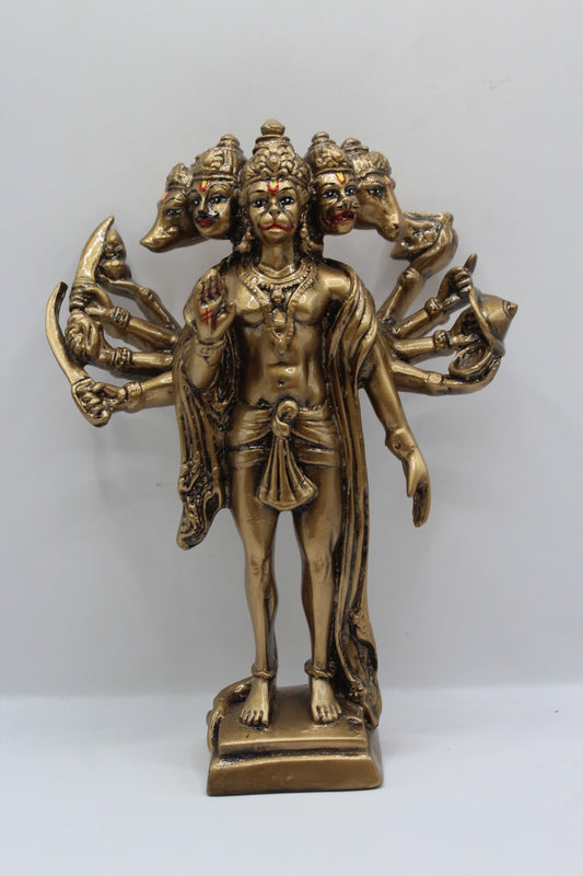 Antique gold resin Panchmukhi Hanuman murti, standing, front view