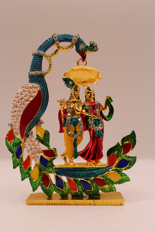 Radha Krishna Murti with Peacock – Colourful Metal, 4.5 inch – front view