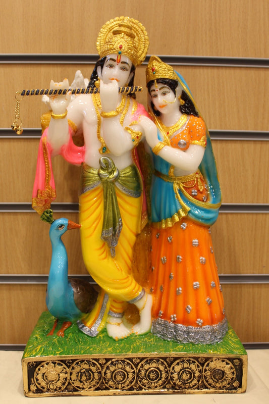 Resin/Fibre Radha Krishna Statue for Home Temple – Under the Tree with Peacock, 17 inch – front view