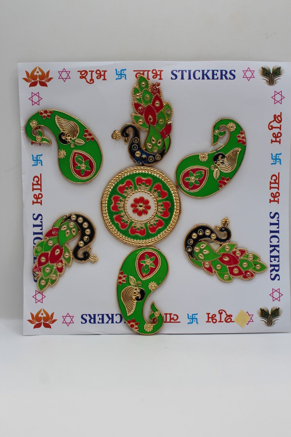 Rangoli stickers, green paisley peacock design on Shubh Labh sheet