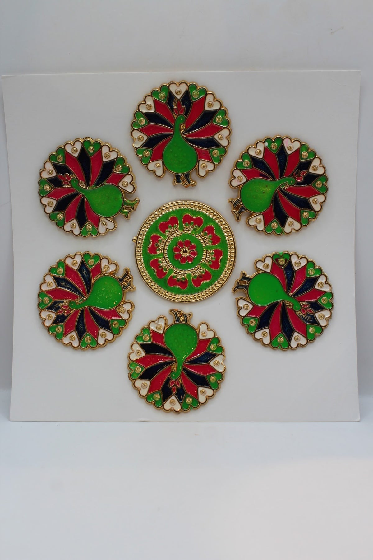Rangoli stickers, red, green and black peacock flower design