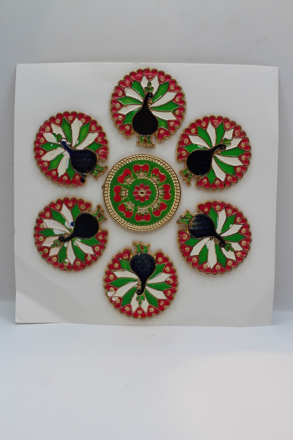 Rangoli stickers, red, green and blue peacock design