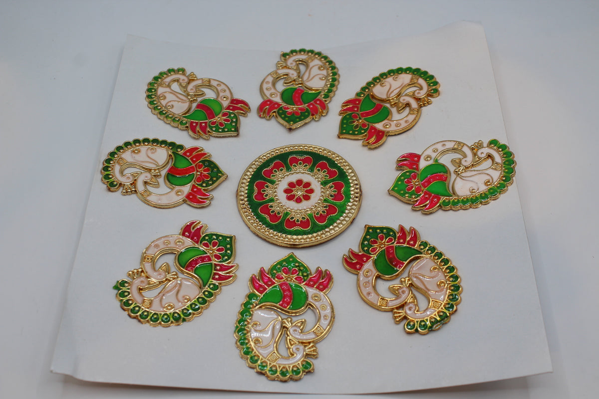 Rangoli stickers, white and red peacock design – close-up