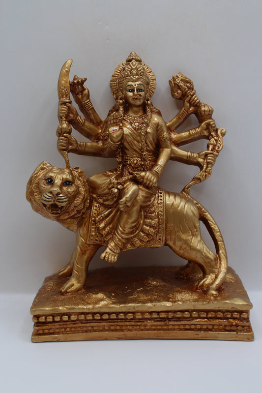 Resin Ambe Maa statue, golden finish, flat base, front view