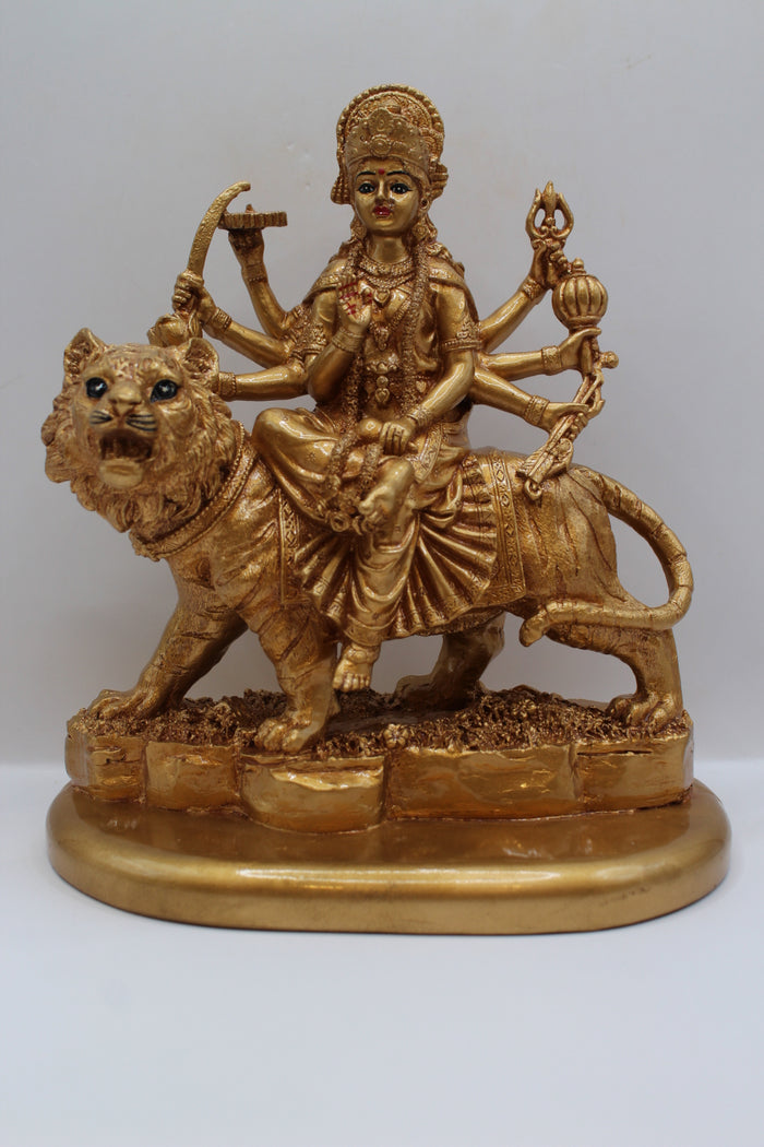 Resin Ambe Maa statue, golden finish, seated on lion, front view