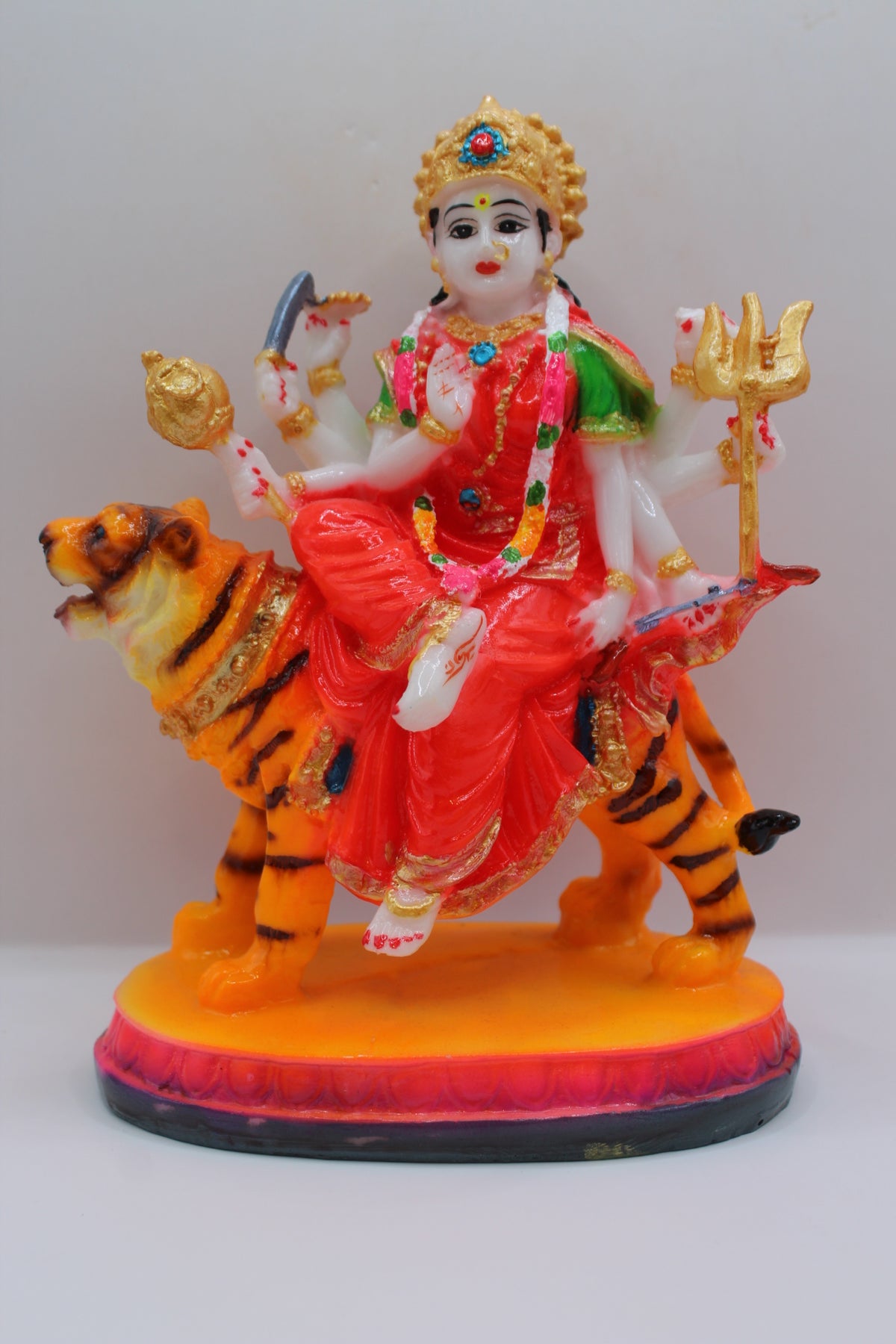 Resin Ambe Maa statue, red dress, seated on tiger, front view