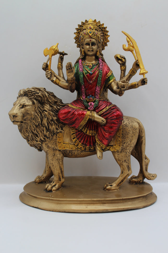 Resin Ambe Maa statue, seated on lion, antique bronze, front view