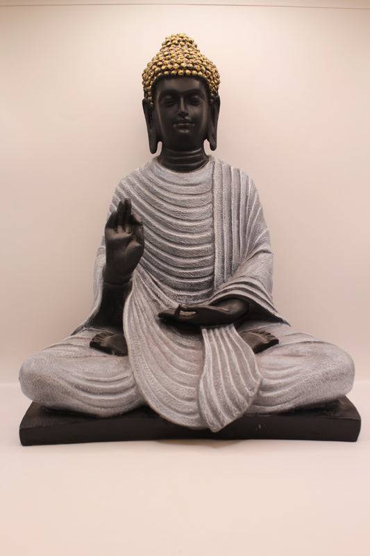 Charcoal grey resin Buddha statue on black base, front