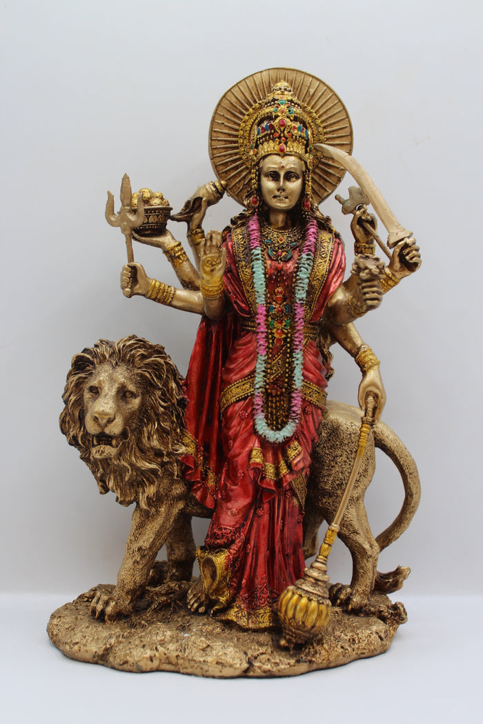 Resin Durga Maa statue, standing with lion, antique bronze, front view