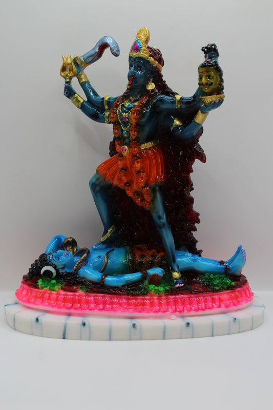 Resin Kali Mata statue, blue kali on pink base, front view
