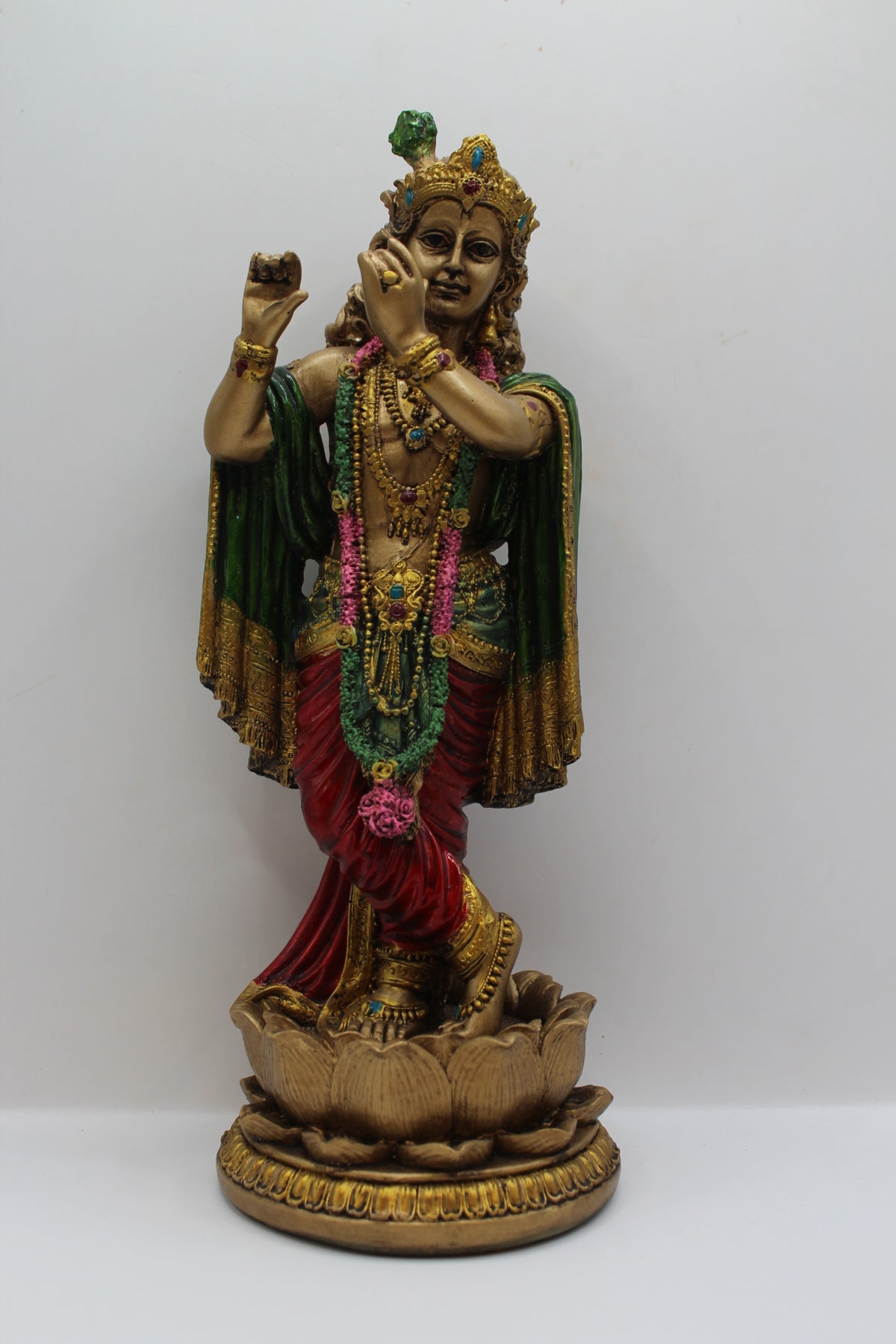 Resin Krishna statue, standing on lotus, antique bronze, front view