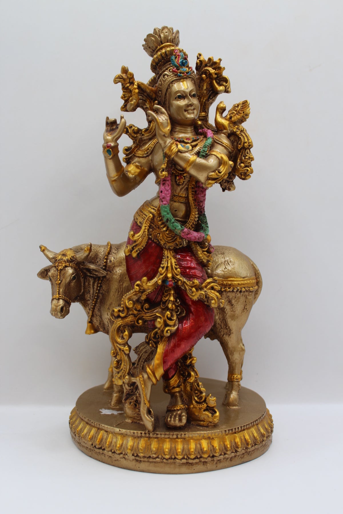 Resin Krishna with Cow statue, antique bronze finish, front view