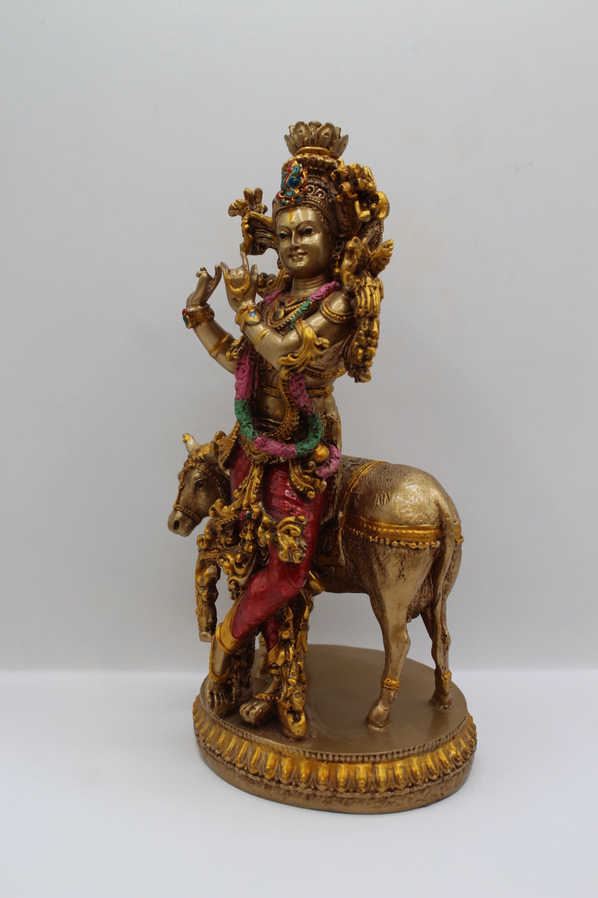 Resin Krishna with Cow statue, antique bronze finish, right side view