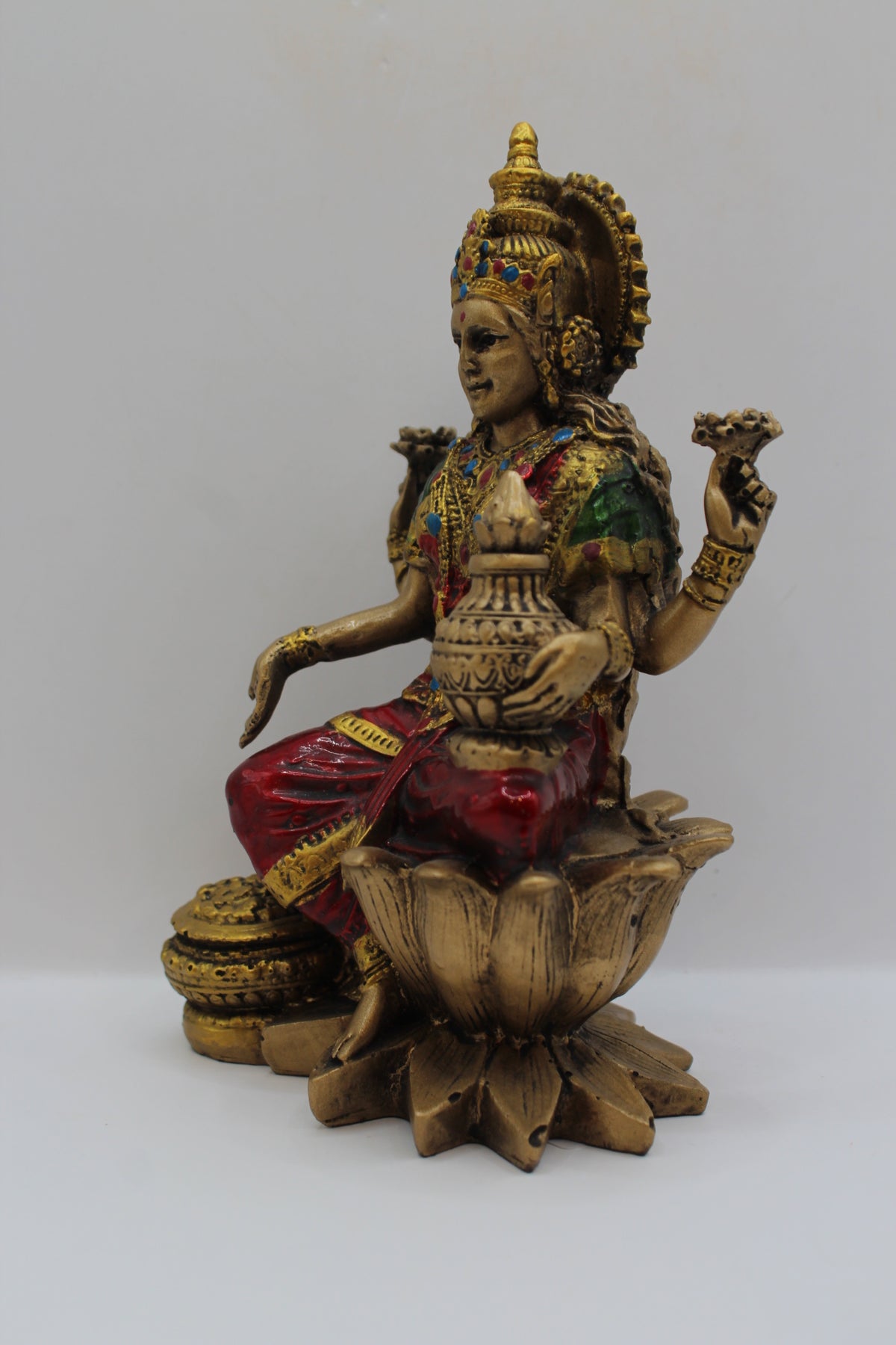 Resin Laxmi statue, seated on lotus, antique bronze, right side view