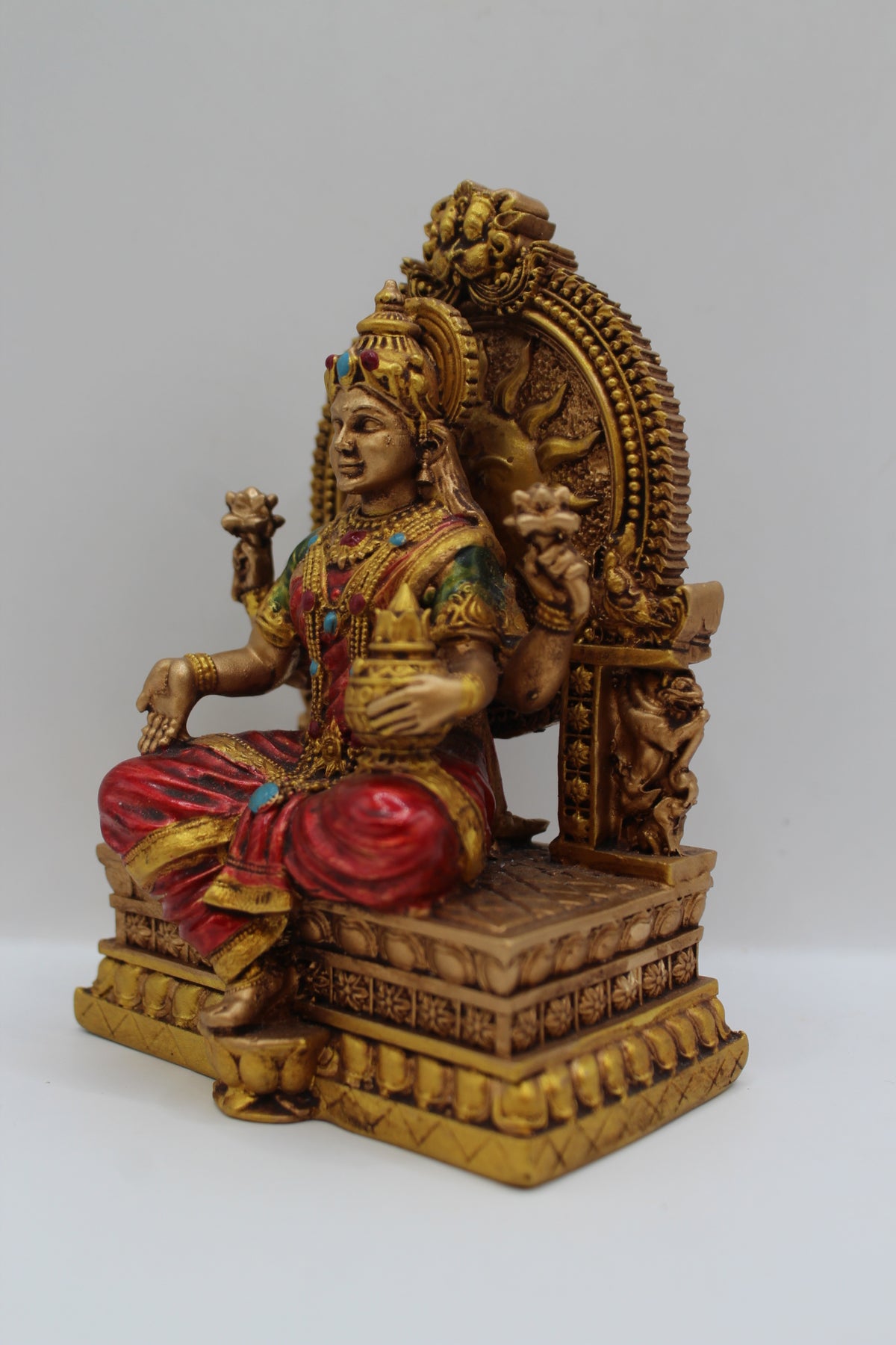 Resin Laxmi statue, seated on throne, antique bronze, right side view