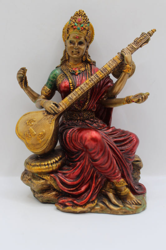 Resin Saraswati statue, playing veena, antique bronze, front view