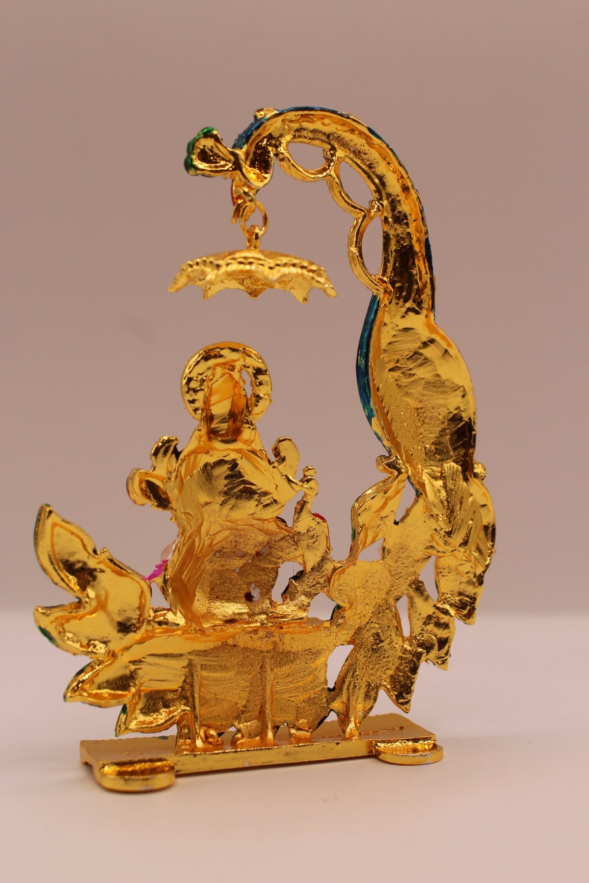 Saraswati Murti with Peacock – Colourful Metal, 4.5 inch – back view