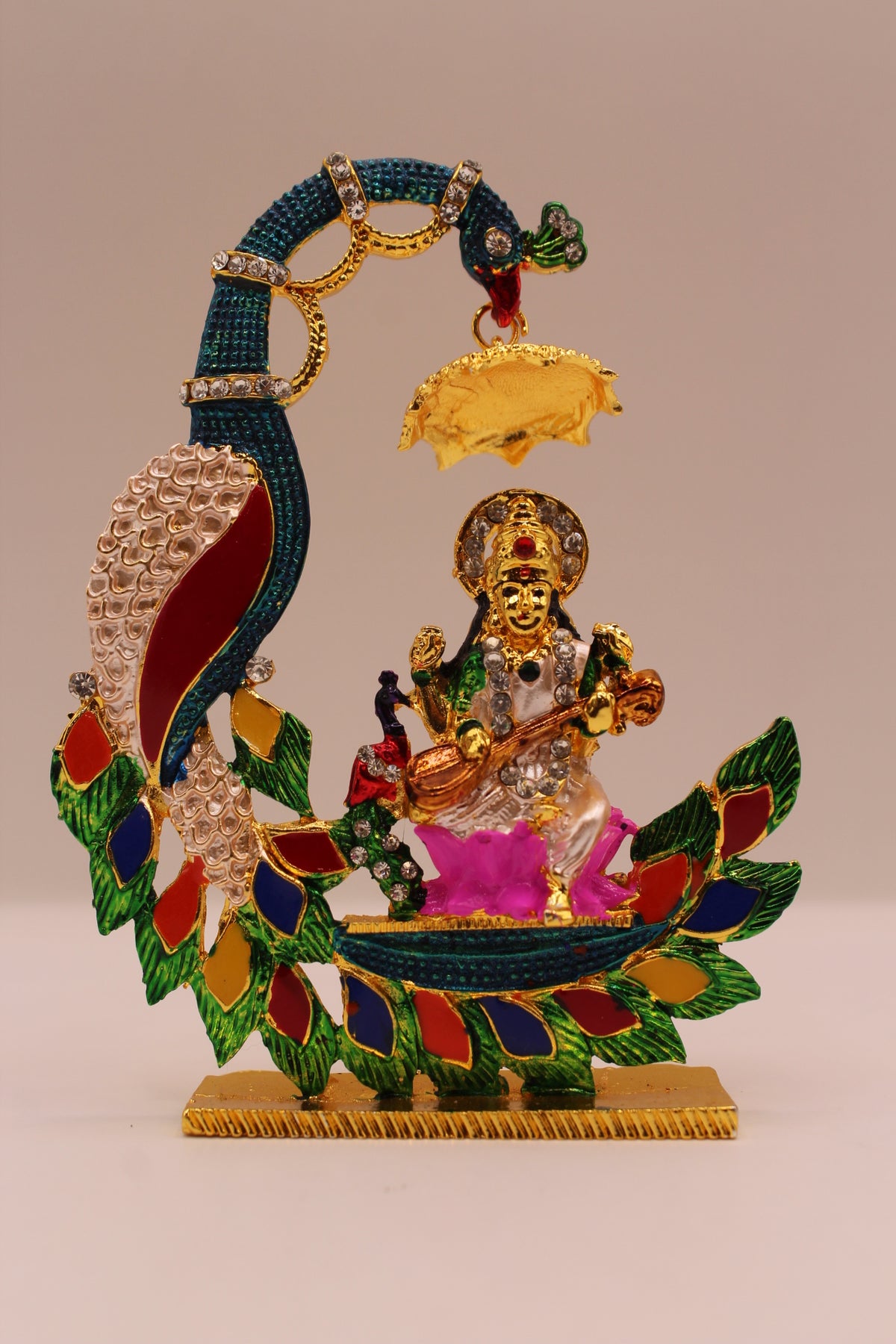 Saraswati Murti with Peacock – Colourful Metal, 4.5 inch – front view
