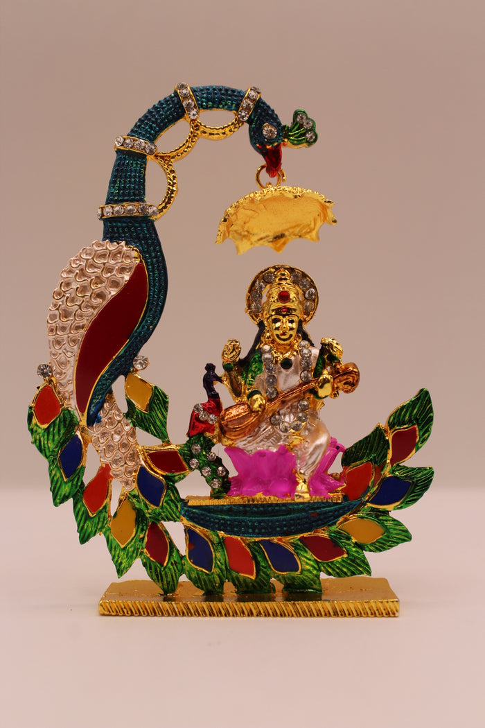 Saraswati Murti with Peacock – Colourful Metal, 4.5 inch – front view